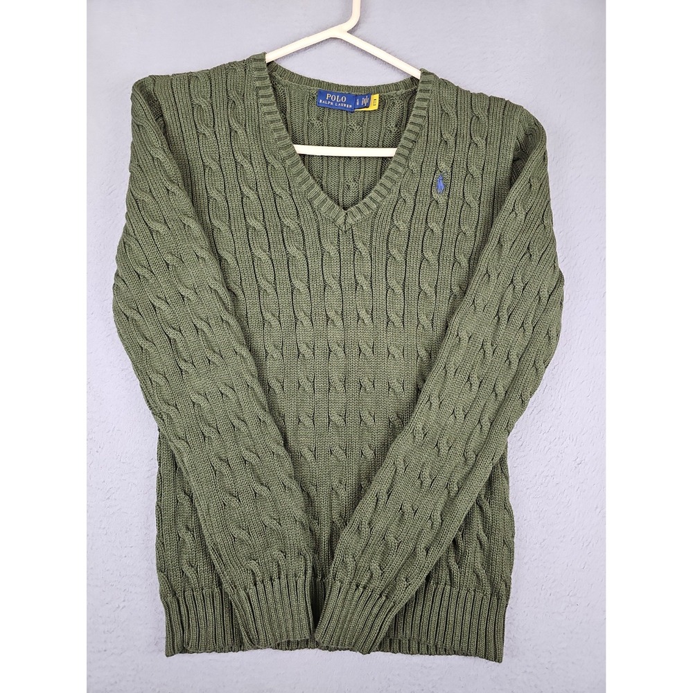 Polo Ralph Lauren Sweater Women's Large Green Cable Knit V Neck Ribbed Trim